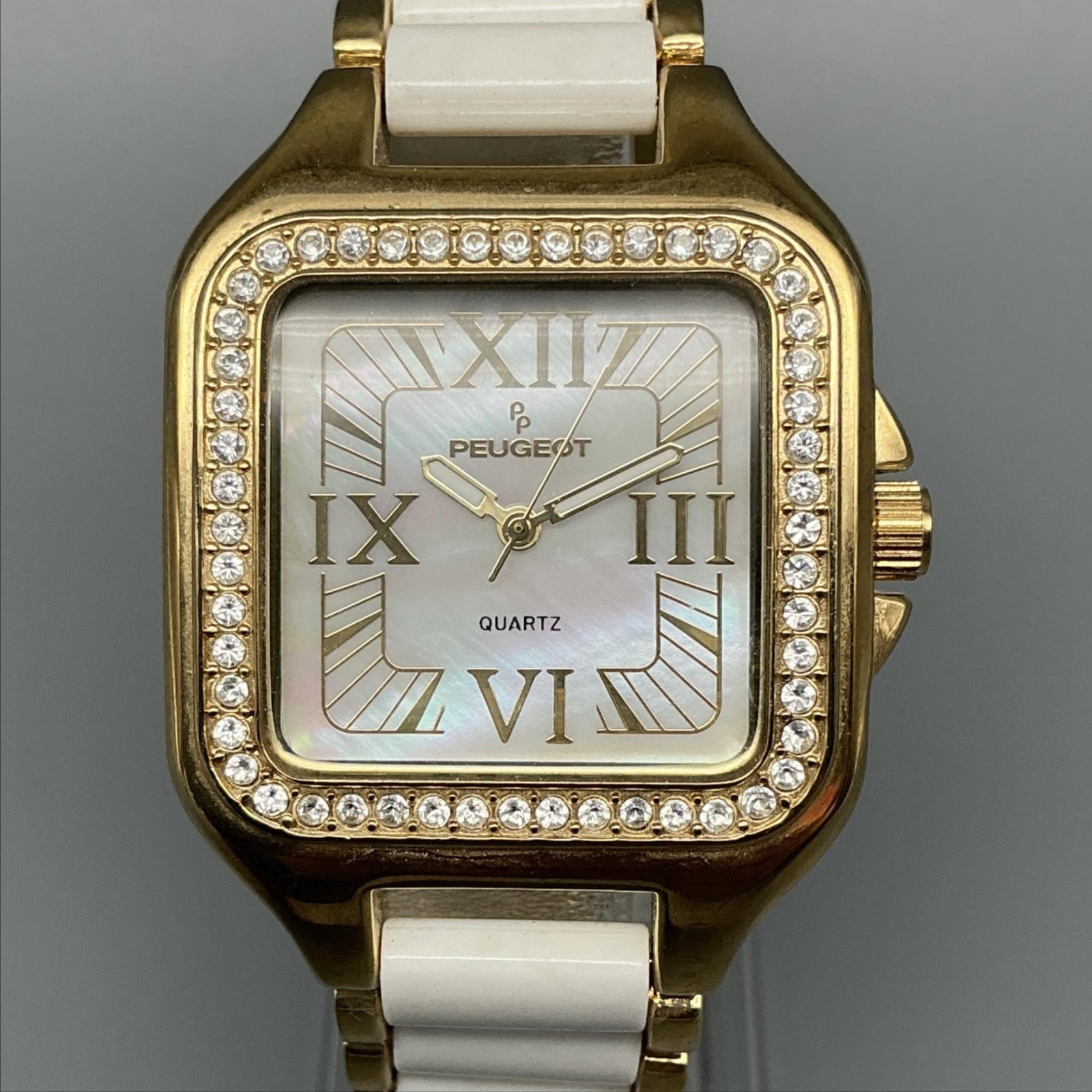 Peugeot Womens Watch 35mm Gold Tone MOP Crystal Bezel New Battery 7.25″