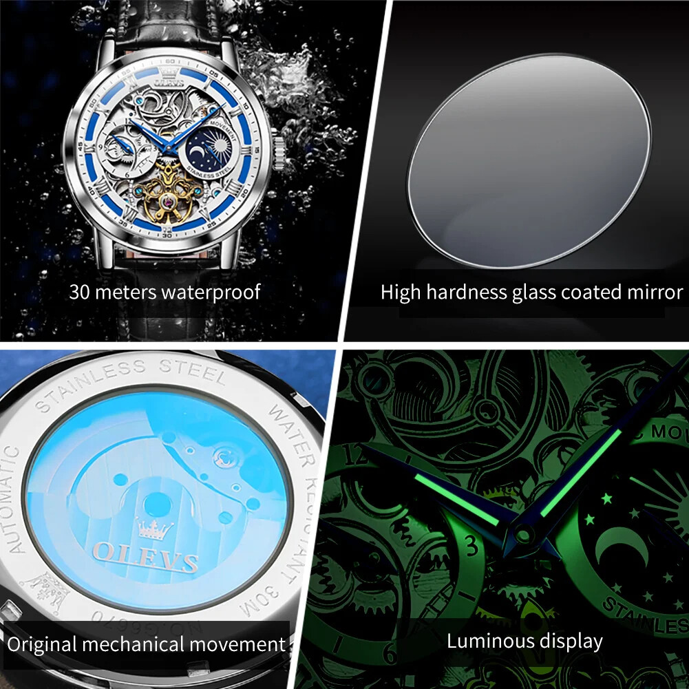 OLEVS Skeleton Self-Wind Automatic Mechanical Mens Watch Leather Band Moon Phase