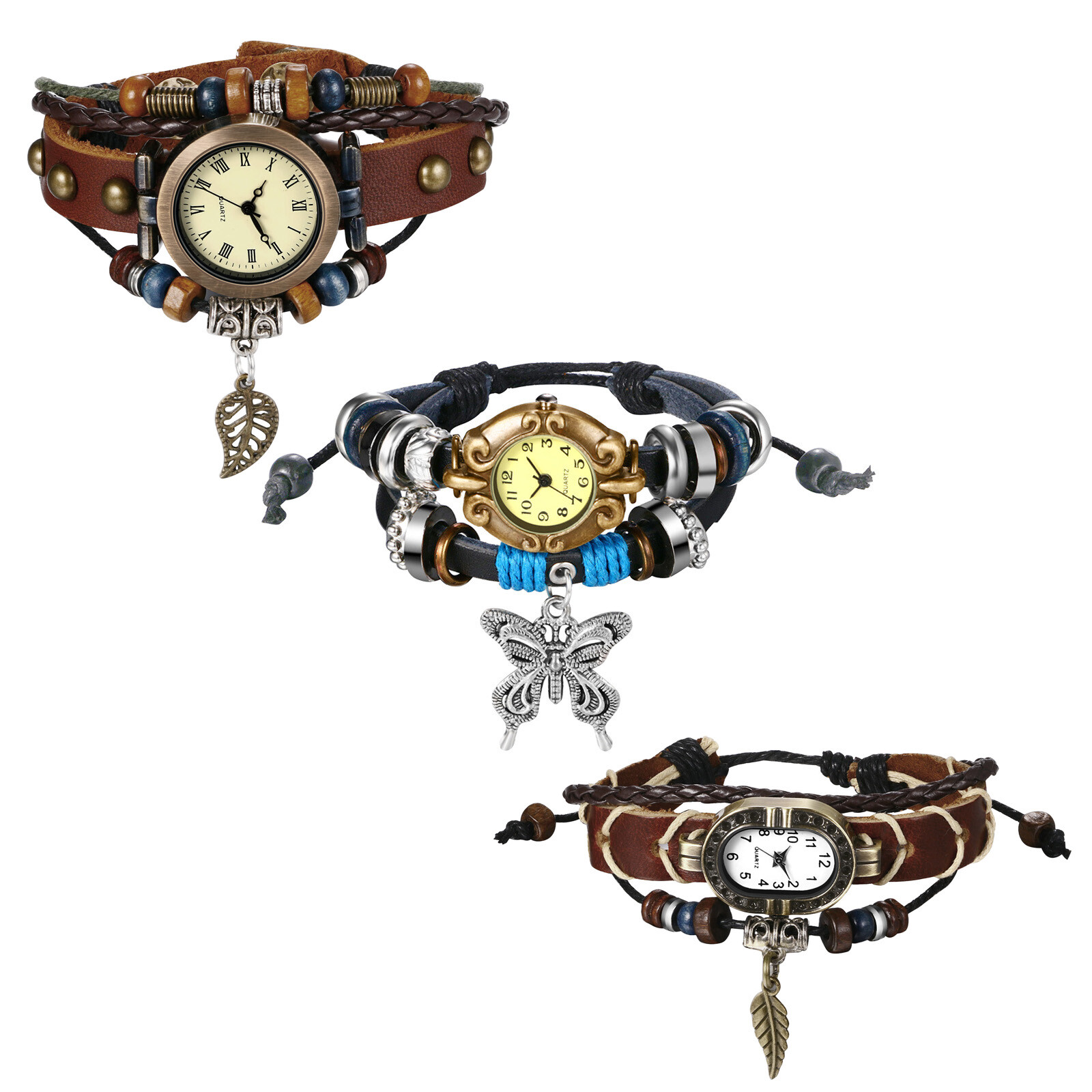 Women’s Girls Retro Quartz Wrist Watch Multilayer Beaded Charms Leather Bracelet
