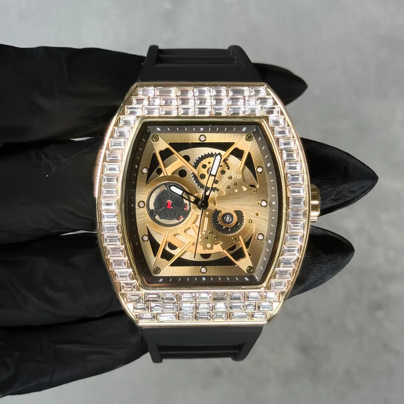 Men Hip Hop Watch Iced Bling Rapper Baguette Stone Silicone Band Luxury Fashion