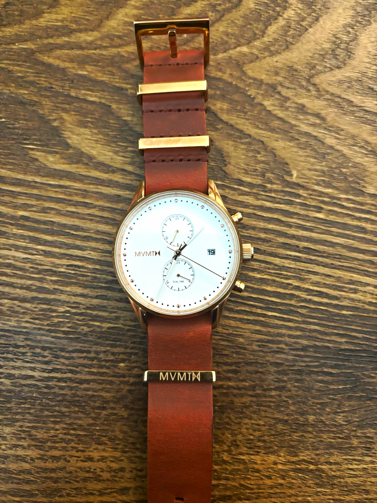 MVMT Voyager Dual Time Quartz White Dial Brown Leather Strap 42mm *New Battery*