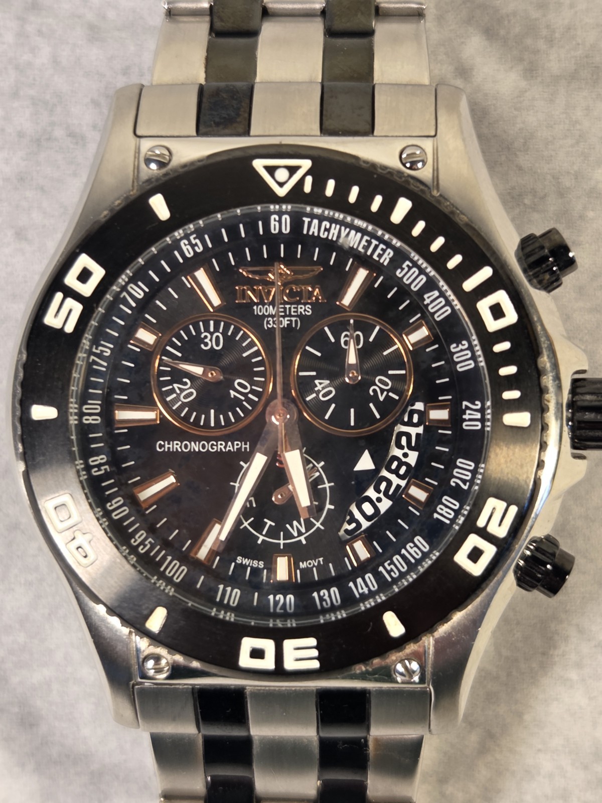 Invicta Men SPECIALTY 8656 CHRONOGRAPH Black Dial All-Stainless 100 Meters 45mm
