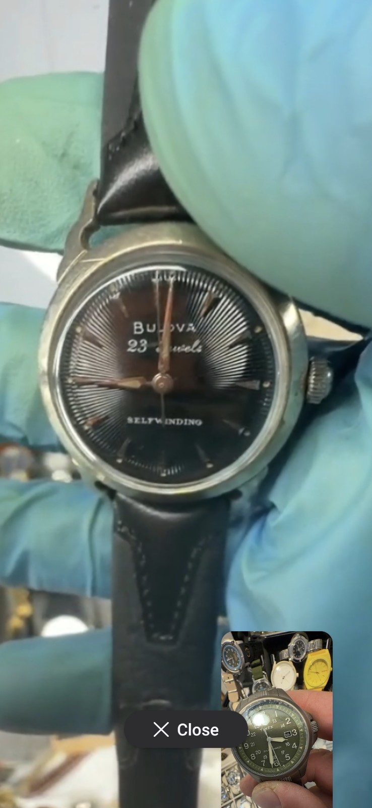 Bulova 23J Self-Winding Automatic Wristwatch Black Dial SS Silver Case Leather