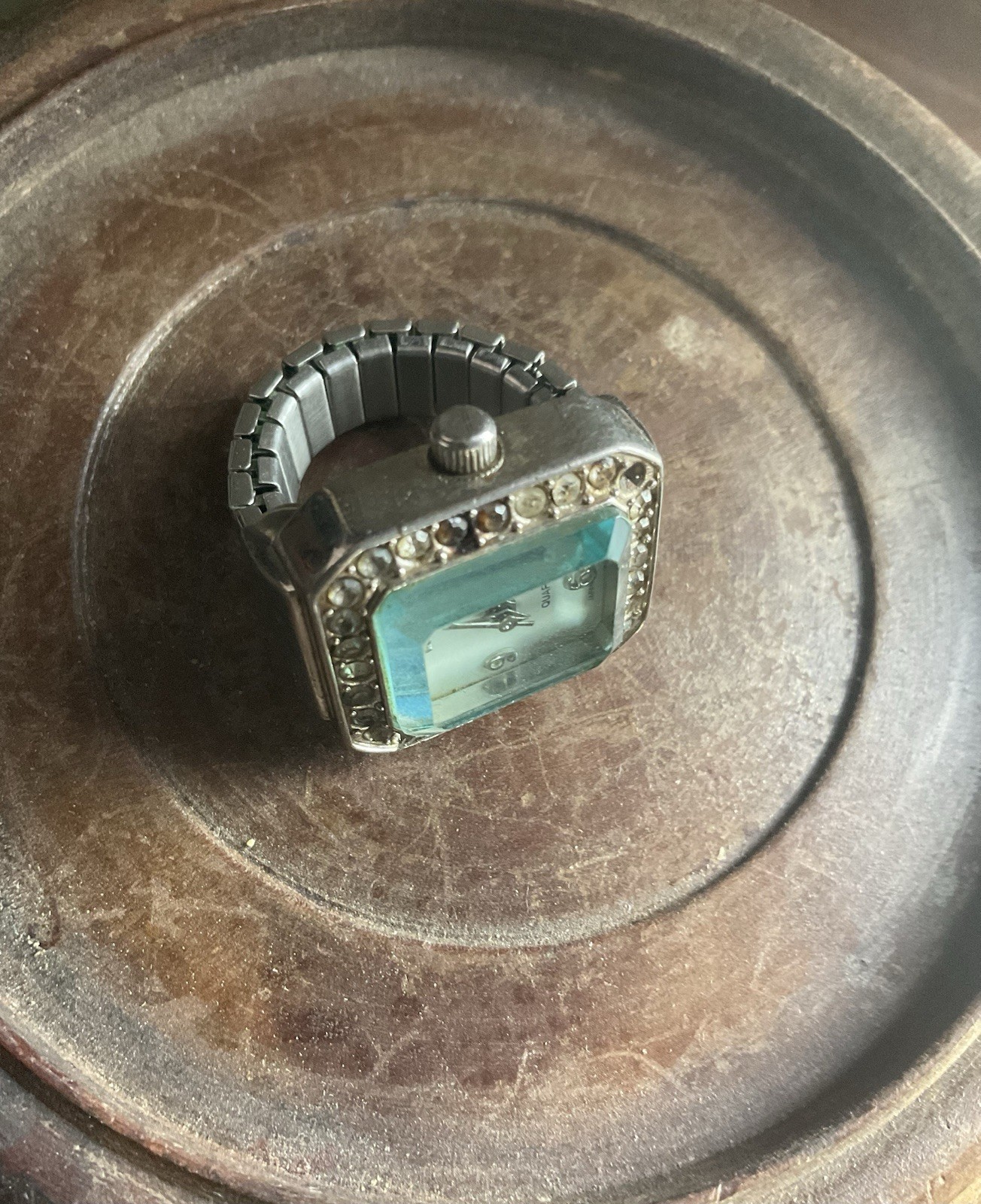 Antique Ring Watch Japan Movement Light Blue Beveled Face Stainless Steel Retro