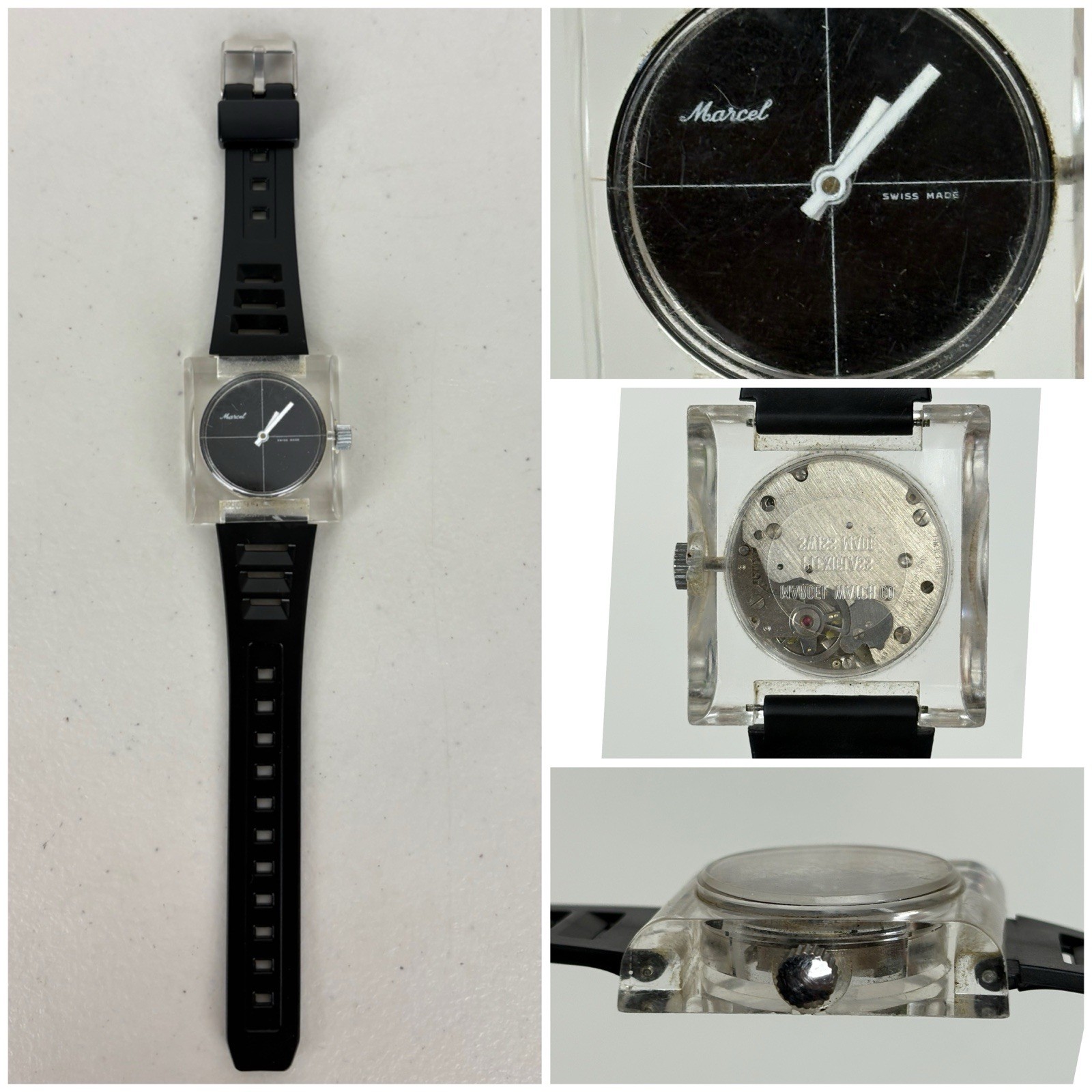 Vintage Marcel Acrylic Watch Mechanical Clear See-Through Square Case *Working*