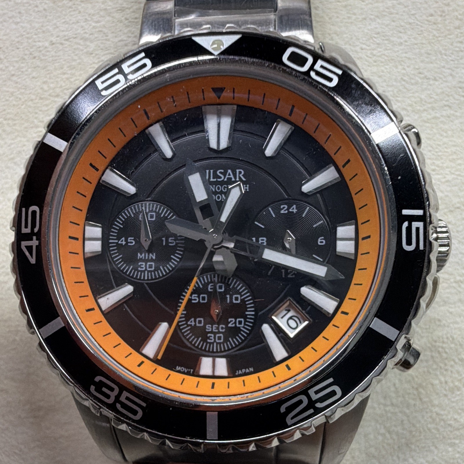 Pulsar Men’s Quartz Chronograph Date 100m Black/Orange Dial SS Bracelet 46mm