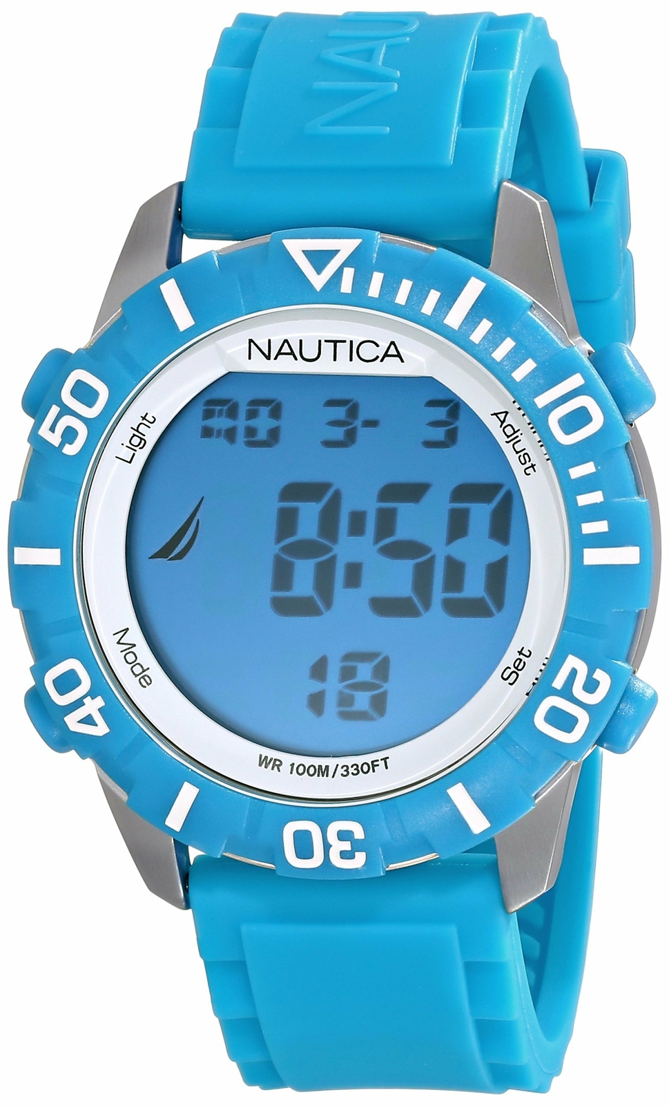 Nautica Light Blue Digital Watch Rubber Silicone Strap Indiglo N09929G NSR 100