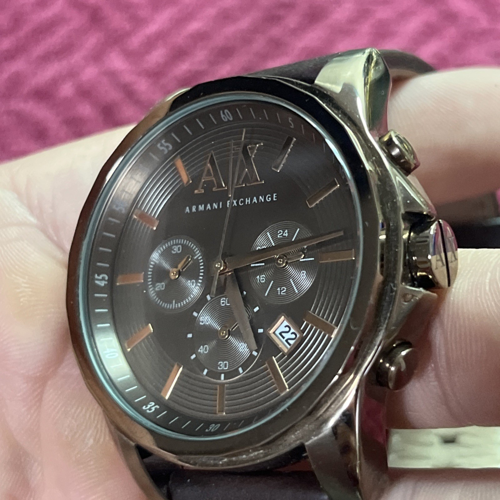 Watch Chronograph Dark Brown Leather Strap 45mm Ax2090