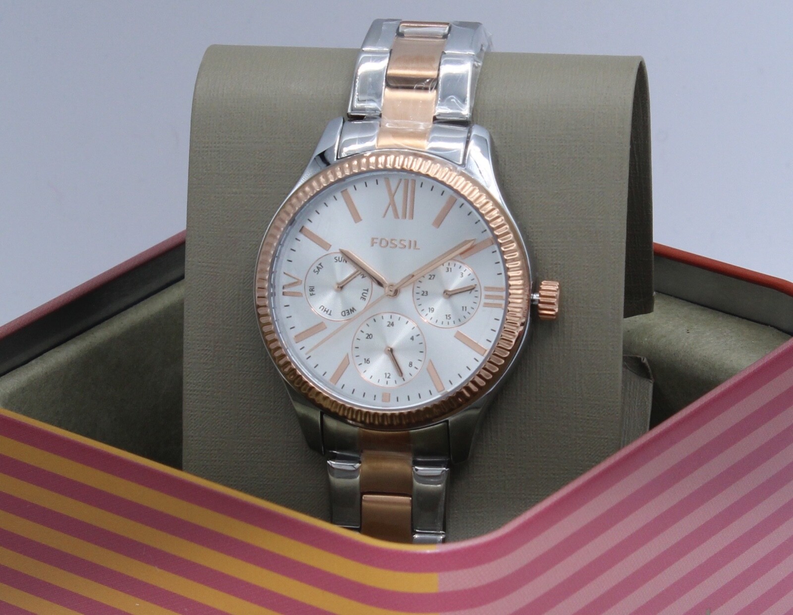NEW AUTHENTIC FOSSIL RYE MULTIFUNCTION SILVER ROSE GOLD WOMEN’S BQ3761 WATCH