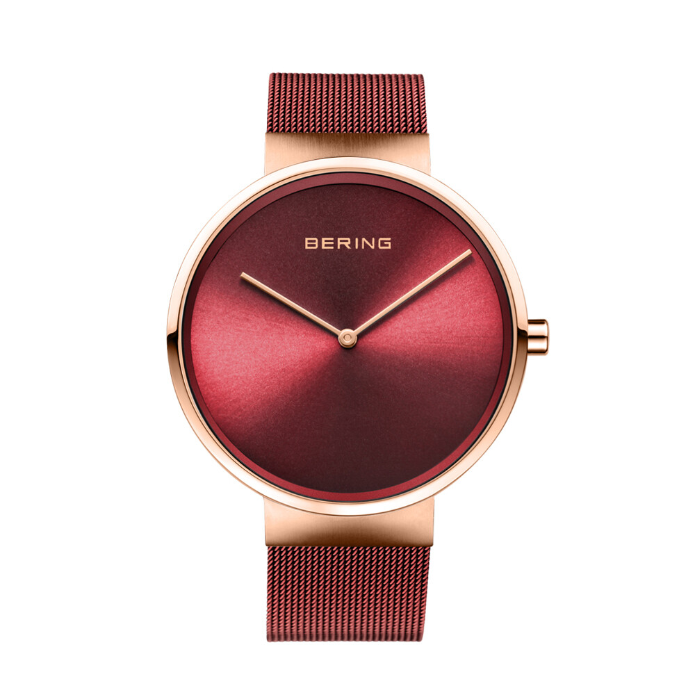 Bering Time Classic Polished Rose Gold Steel & Red Dial Men’s Watch. 14539-363