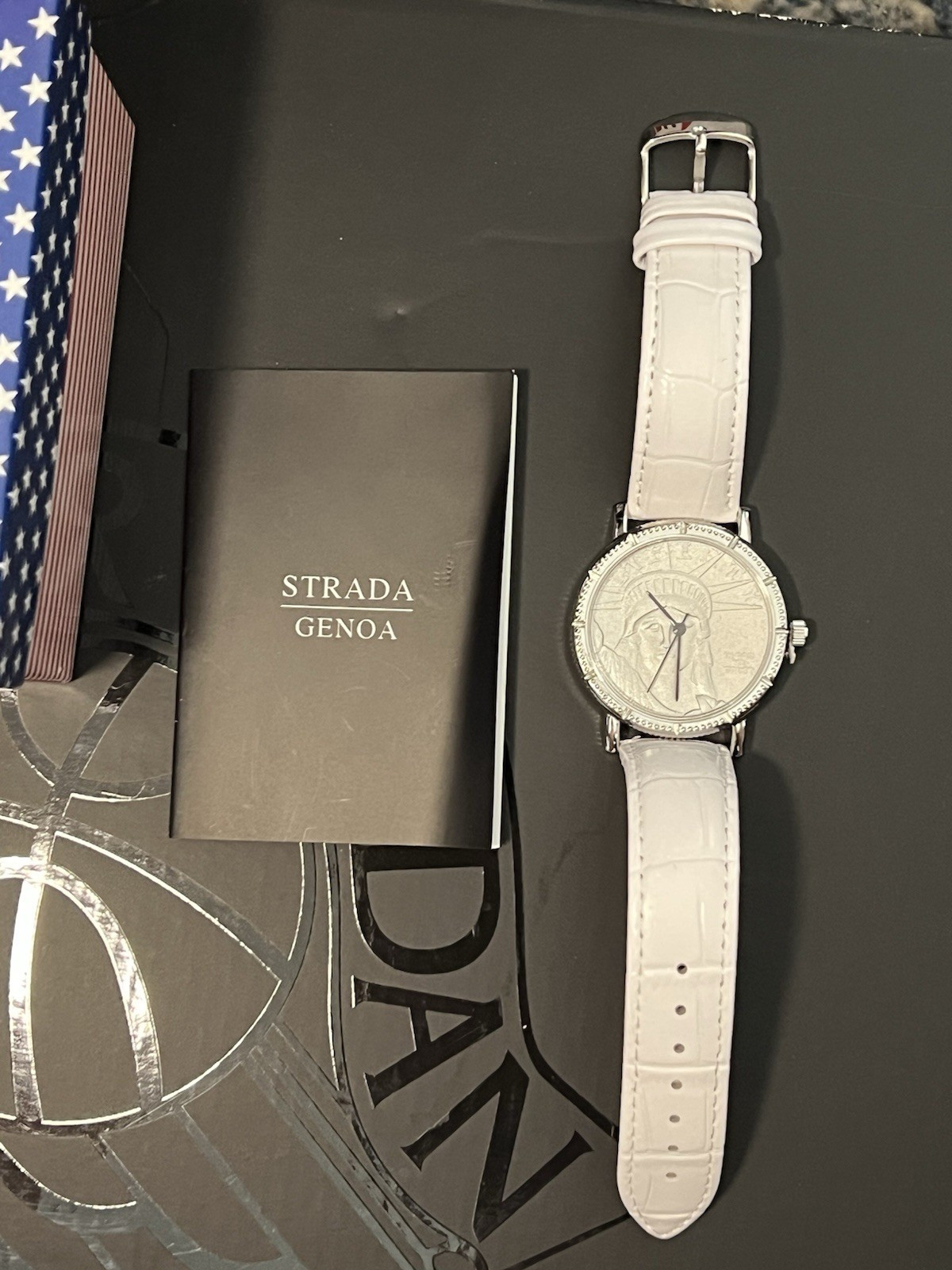 Genoa Miyota Japanese Movement Statue of Liberty Dial White Leather Band Watch