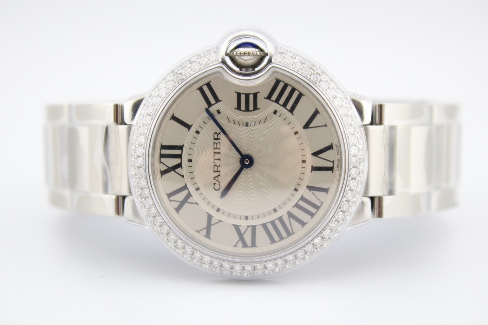 CARTIER BALLON BLEU 36MM STAINLESS QUARTZ DIAMOND ENCRUSTED WATCH W69011Z4