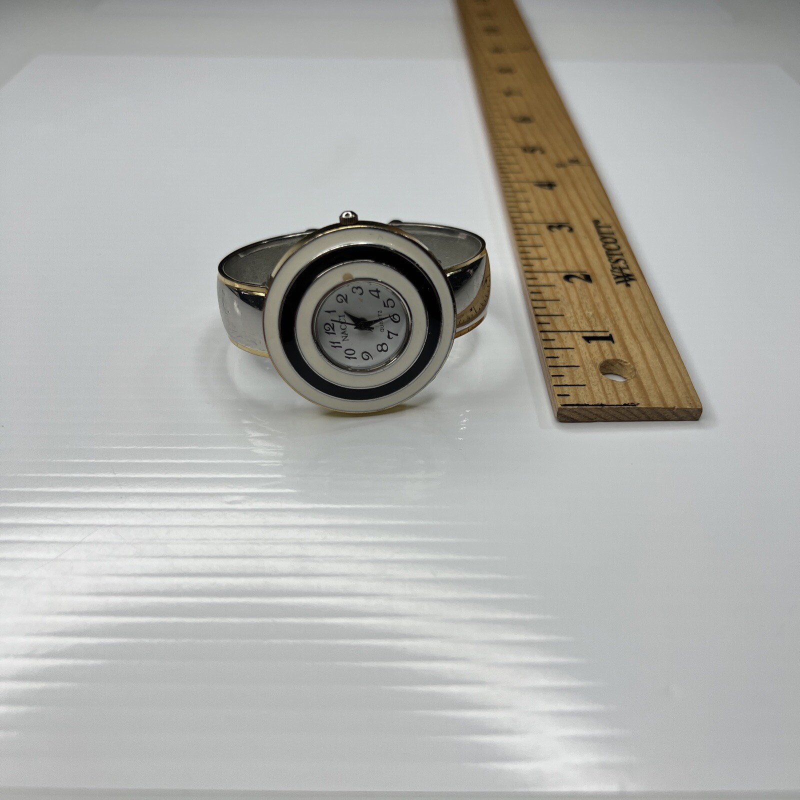 F NACCI Stainless White Black Enamel Silver Cuff Retro Watch Untested