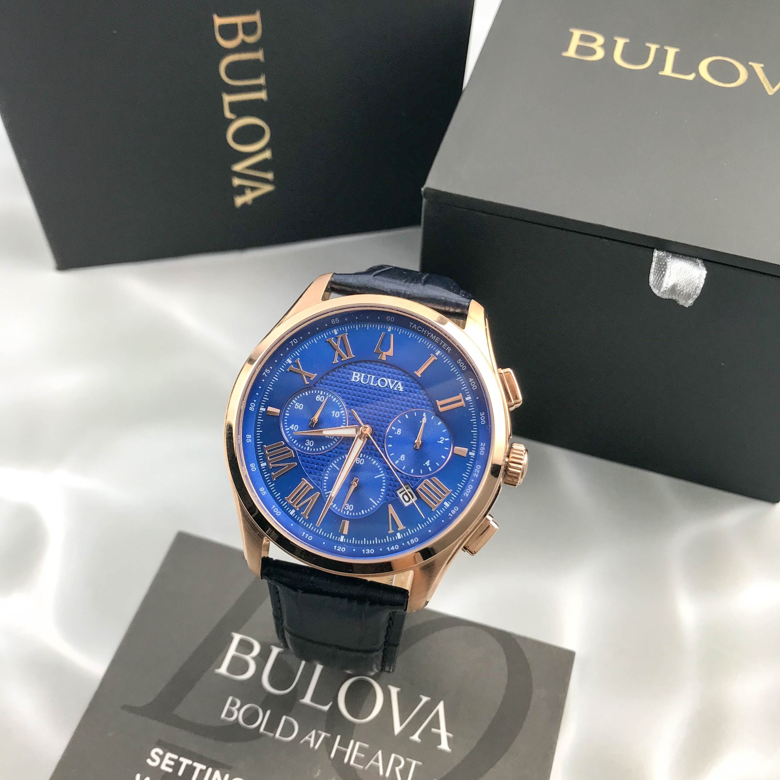 Bulova Men’s Classic Wilton 97B170 Blue Dial Leather Chronograph Watch 45MM