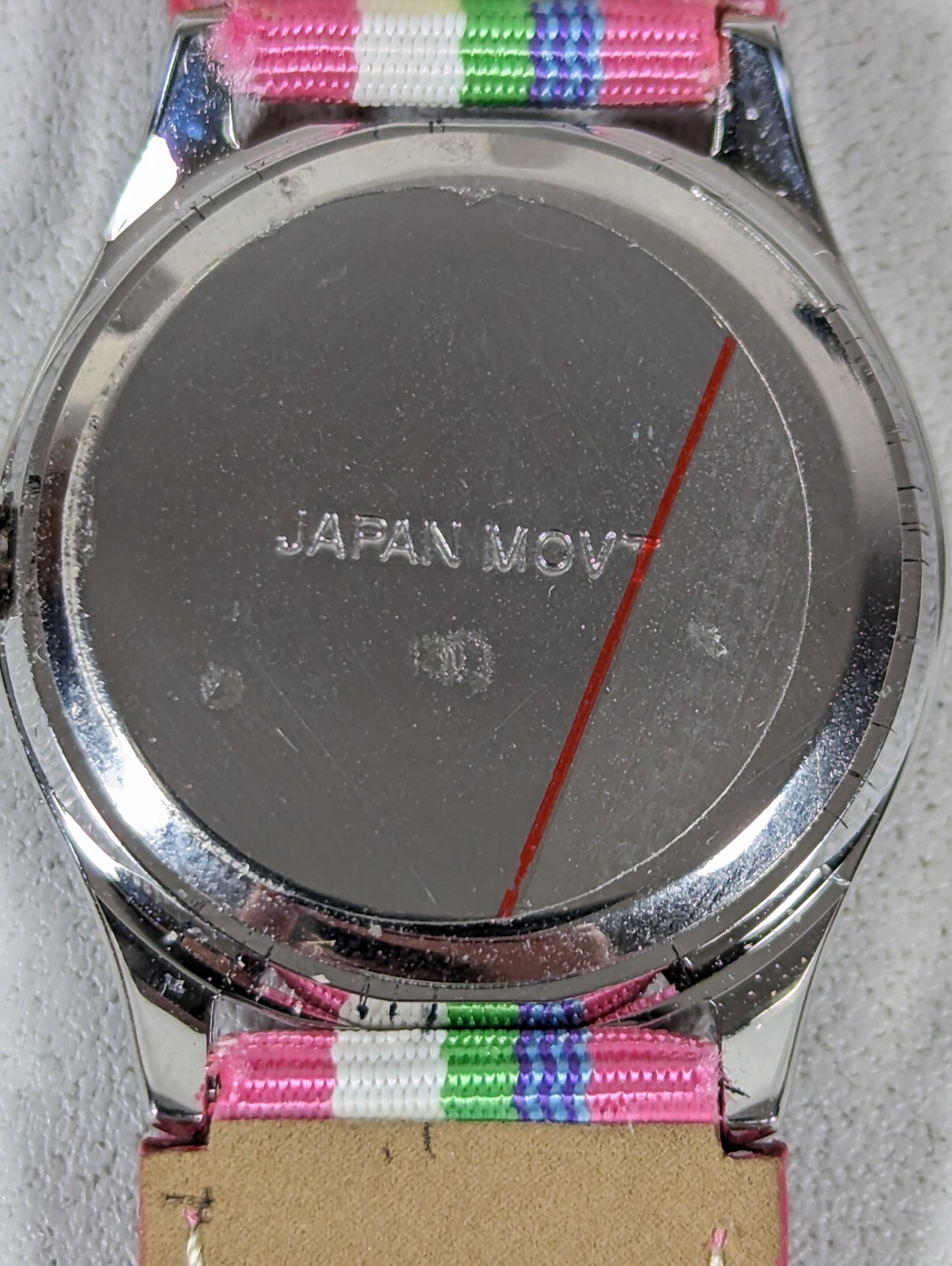 White Dial Round Silver Tone Case Pink White Green Blue Canvas Band Watch