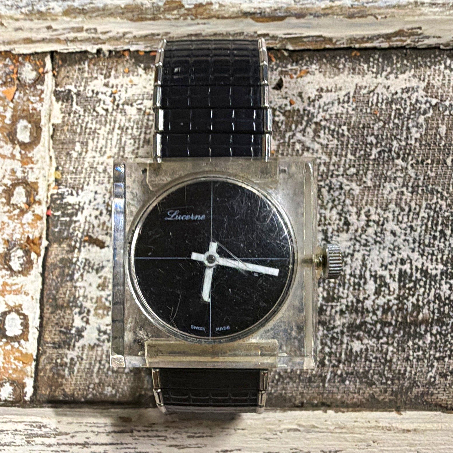Lucerne Swiss Made Vintage Manual Mechanical Square Clear Case Black Dial