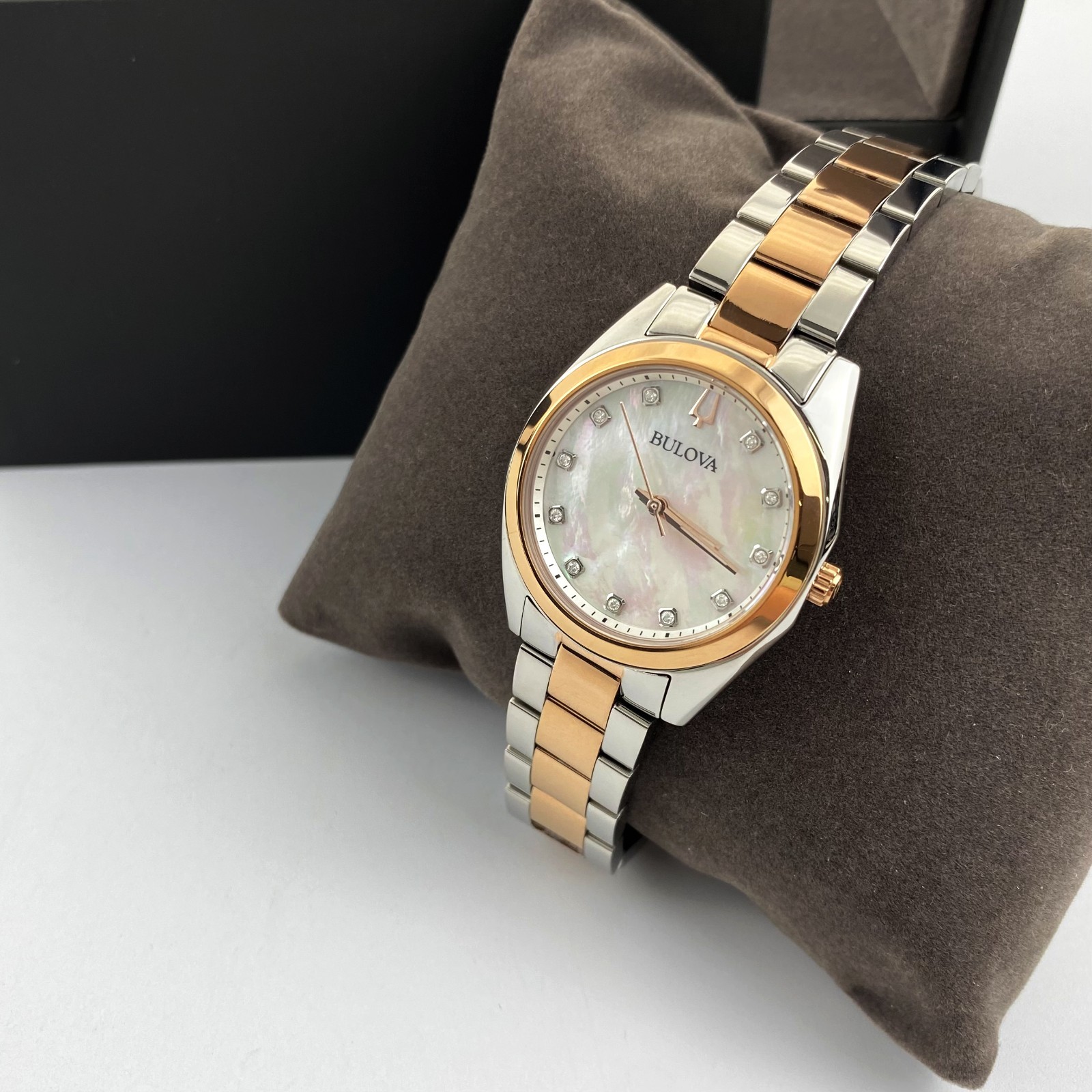 Bulova Surveyor 98P207 Womens Watch Mother of Pearl Dial Rose Gold Tone Strap