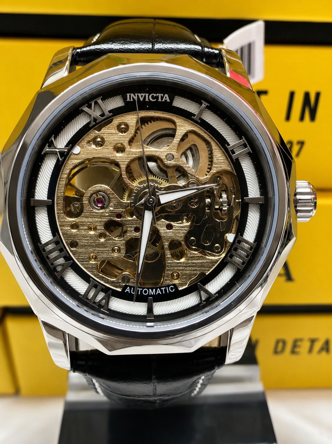 Invicta Object D’Art 69128 Automatic Skeleton Men’s Black Leather Watch NWT