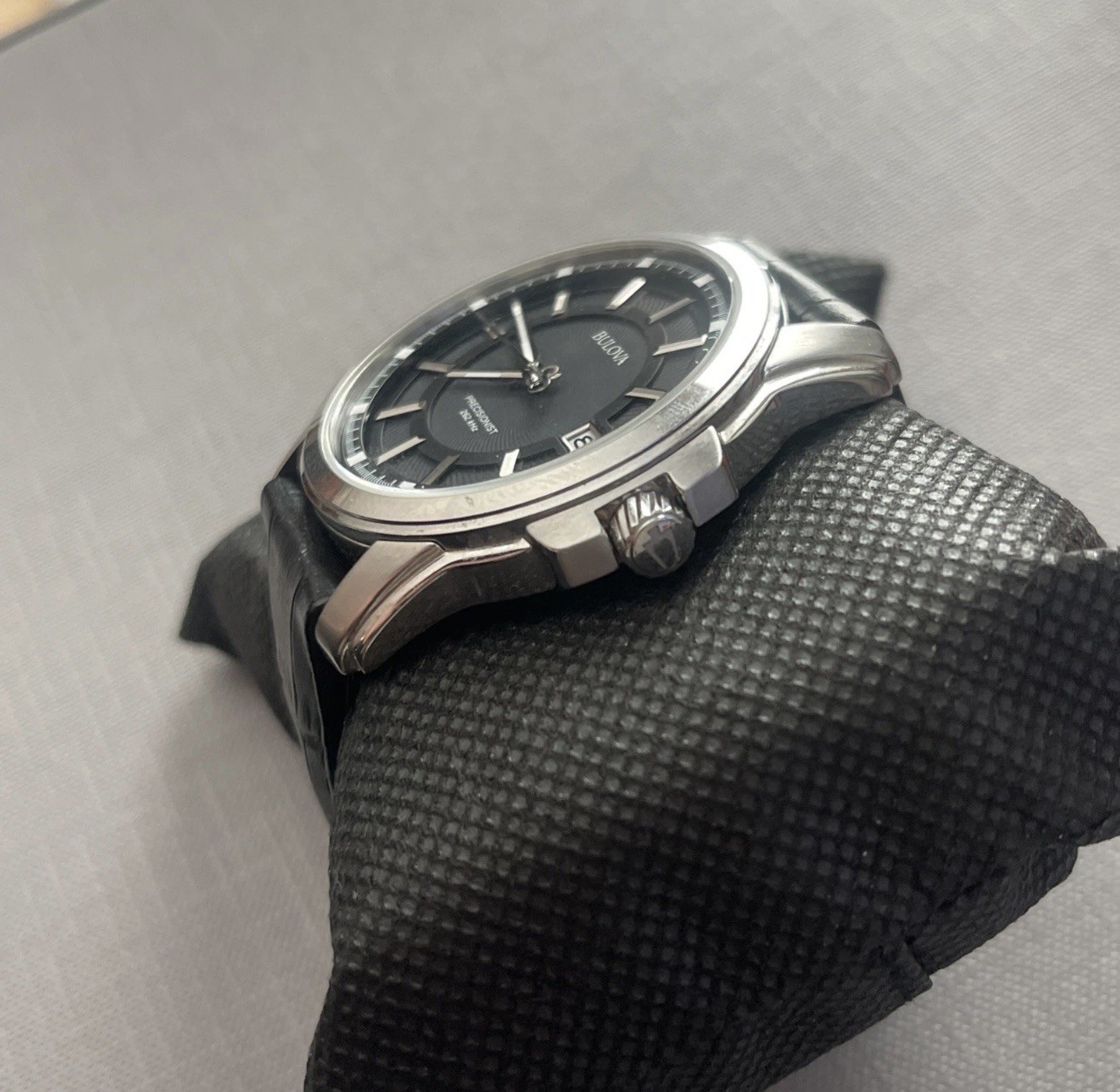 Bulova Precisionist Gray Dial Silver Tone Black Leather Band Men’s Watch 96B158