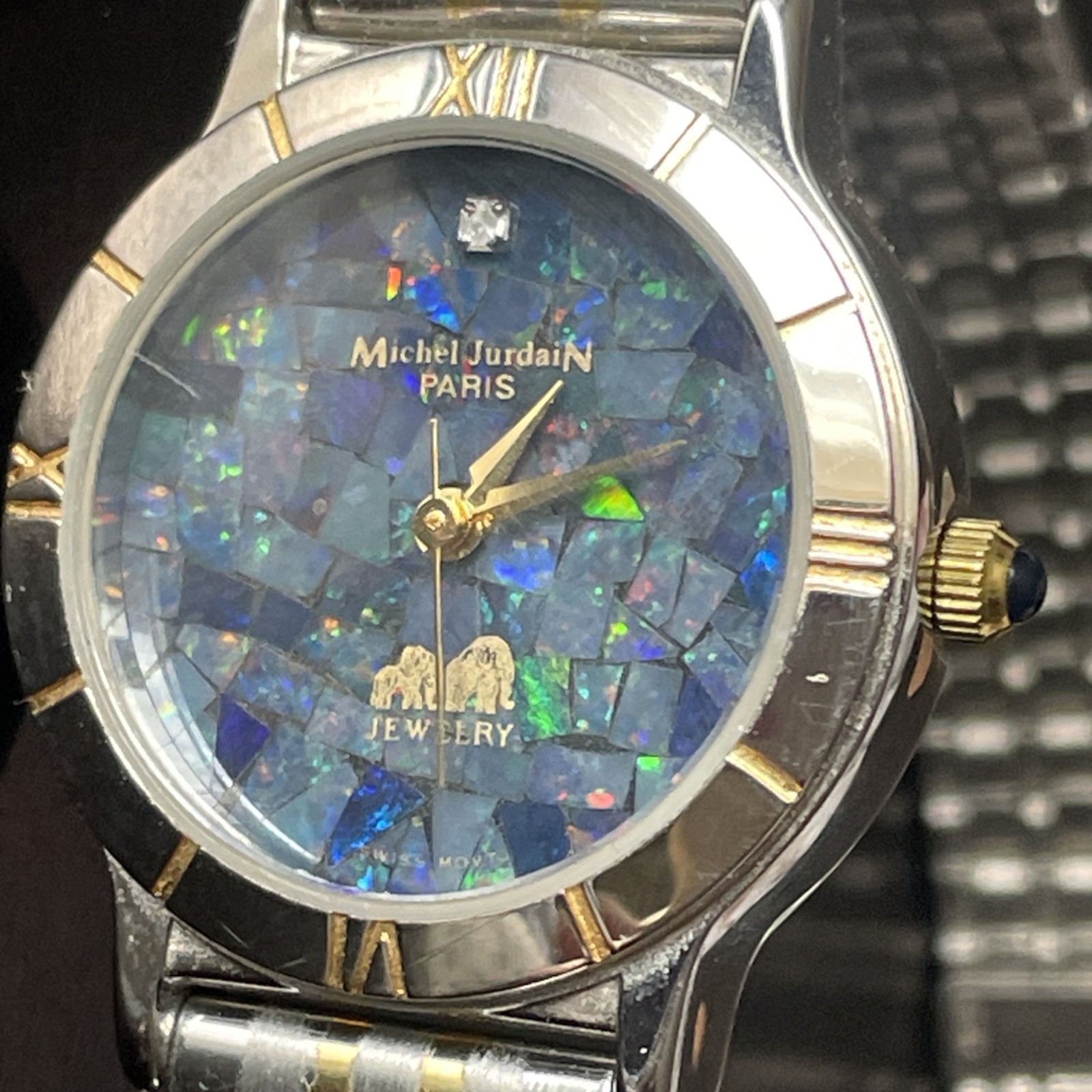 1980s Michel Jurdain opal gemstone mosaic Diamond Swiss movement Watch
