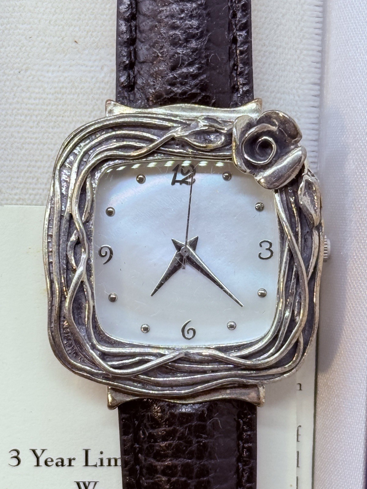 Or Paz Israel Silver Ladies Watch Black Leather Strap Rose Mother of Pearl Face