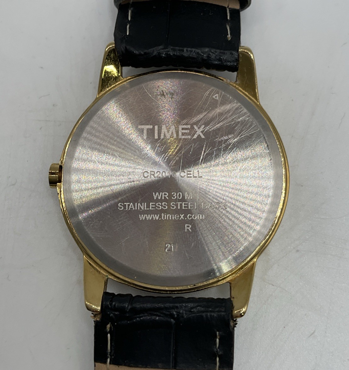 Timex Easy Reader Indiglo Gold Watch White Dial Date WR30M Black Leather Strap
