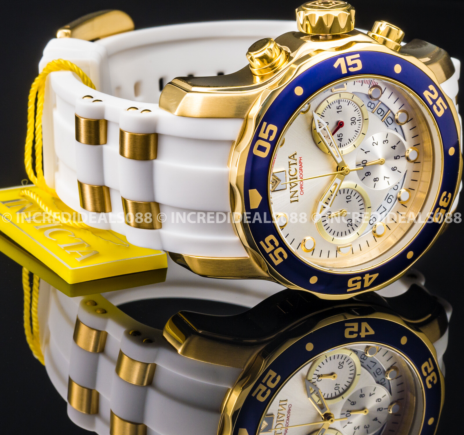 Invicta Men PRO DIVER SCUBA CHRONOGRAPH Gold Blue Silver Dial White Strap Watch