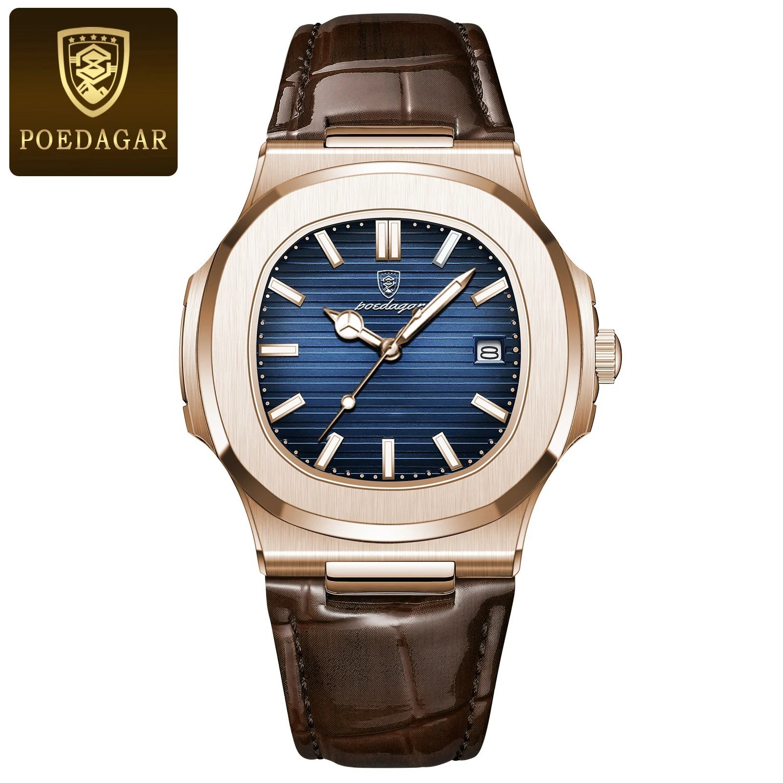 Poedagar Luxury SquareLeather Men Watch Date Waterproof Luminous Wristwatch