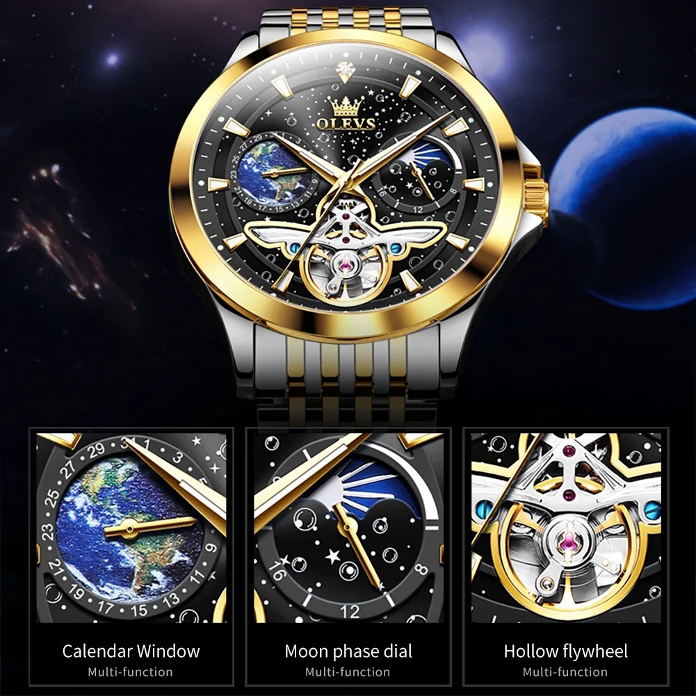 Automatic Mechanical Waterproof OLEVS Luxury Watch Men Moon Phase Mens Strap