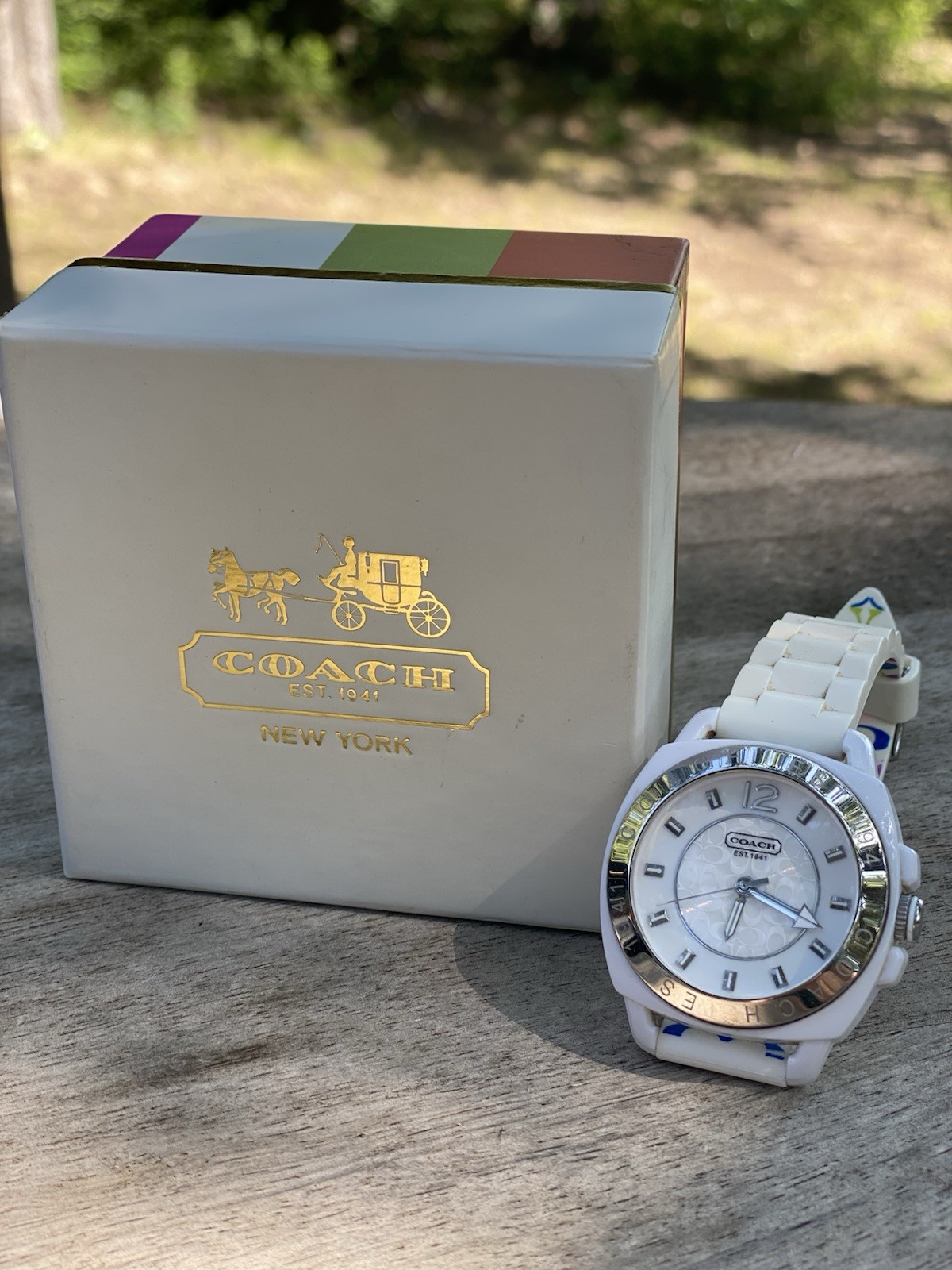 Coach Women’s Quartz Analog Watch 38mm White Logo Dial Rubber Strap w/ Box