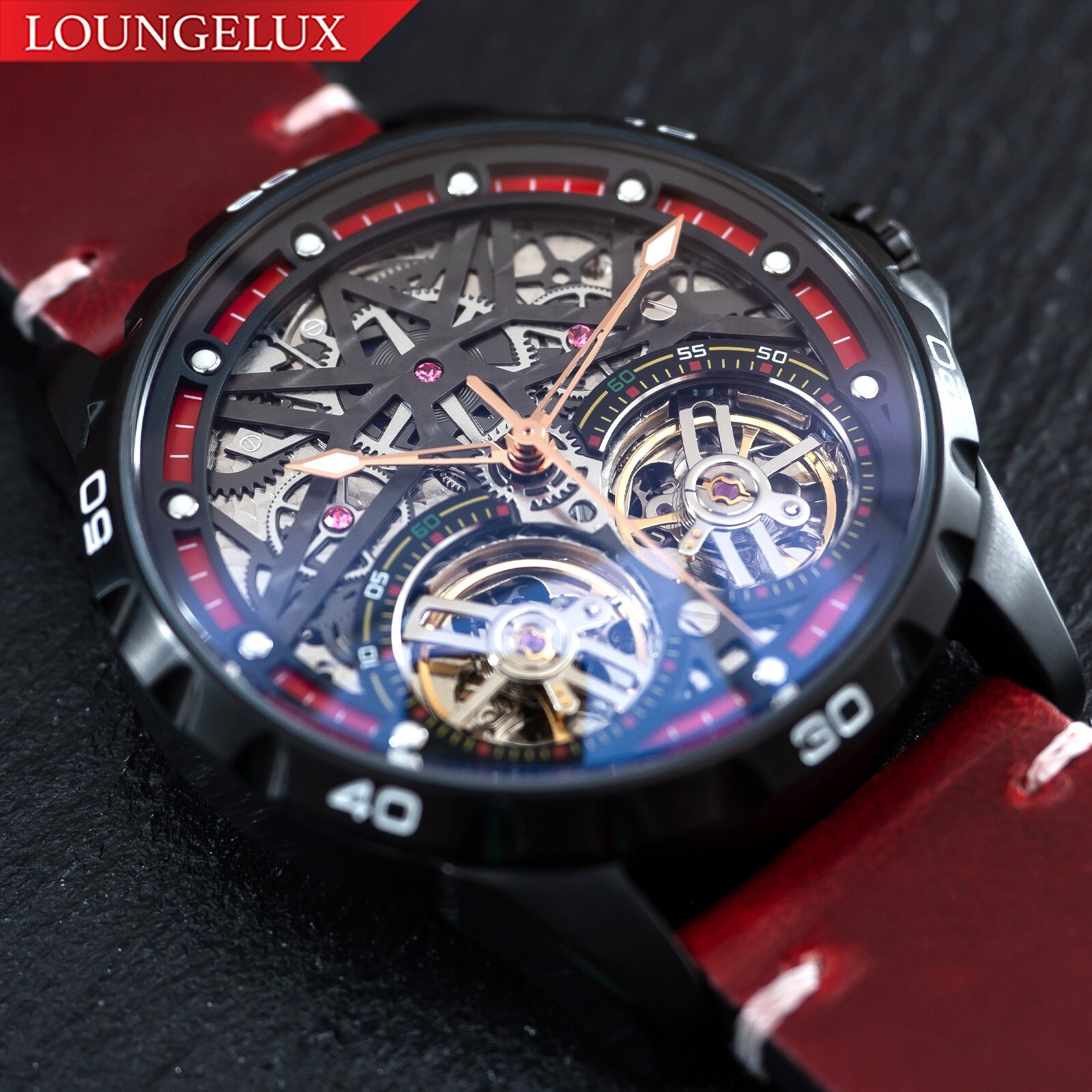 Mens Black Double Flywheel Automatic Mechanical Watch Oil Waxed Dark Red Leather