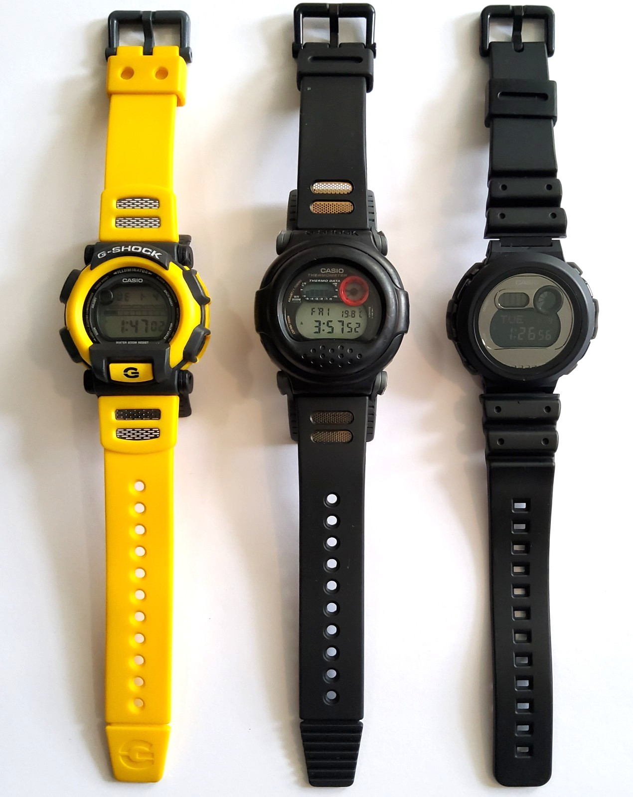 LOT of 3 CASIO VINTAGE G-SHOCK DW-001 Watches Japan Yellow Black Classic DW001