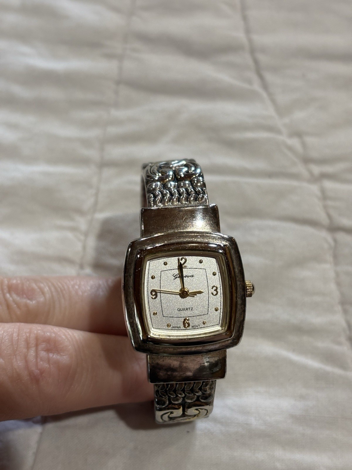Geneva Open Cuff Hinge Bracelet Band Watch Engraved Scrollwork Design Needs TLC