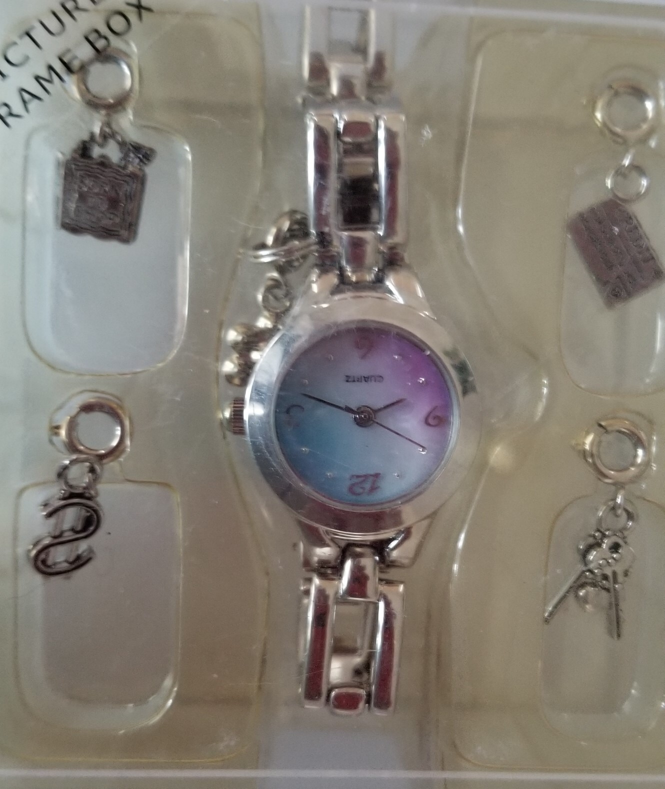 Unbranded Silver Tone Charm Watch Multi-color MOP Link Band 6.5″ Max New Battery