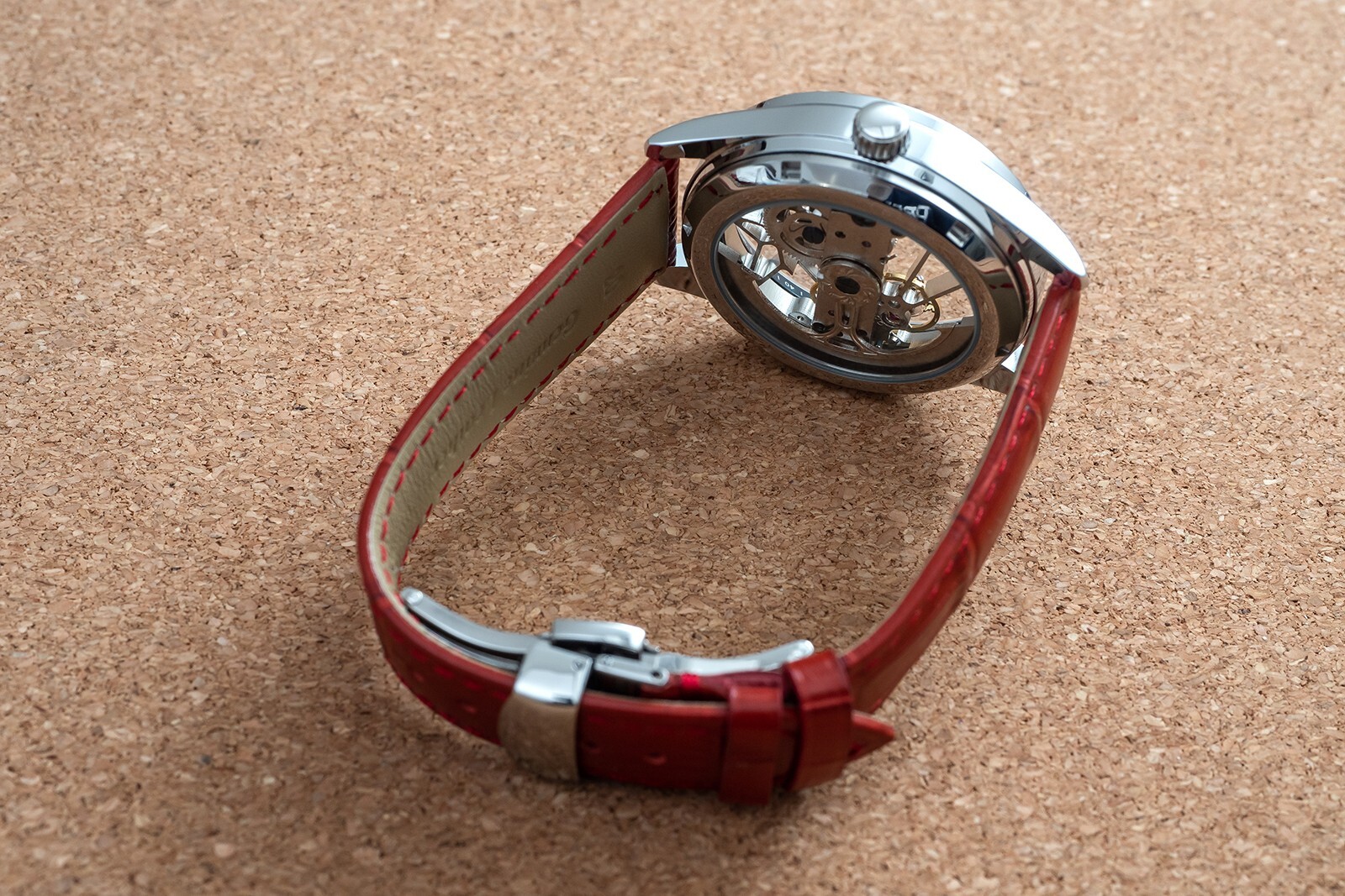 Mens Flywheel Bridge Movement Automatic Mechanical Watch Silver Red Leather Gift