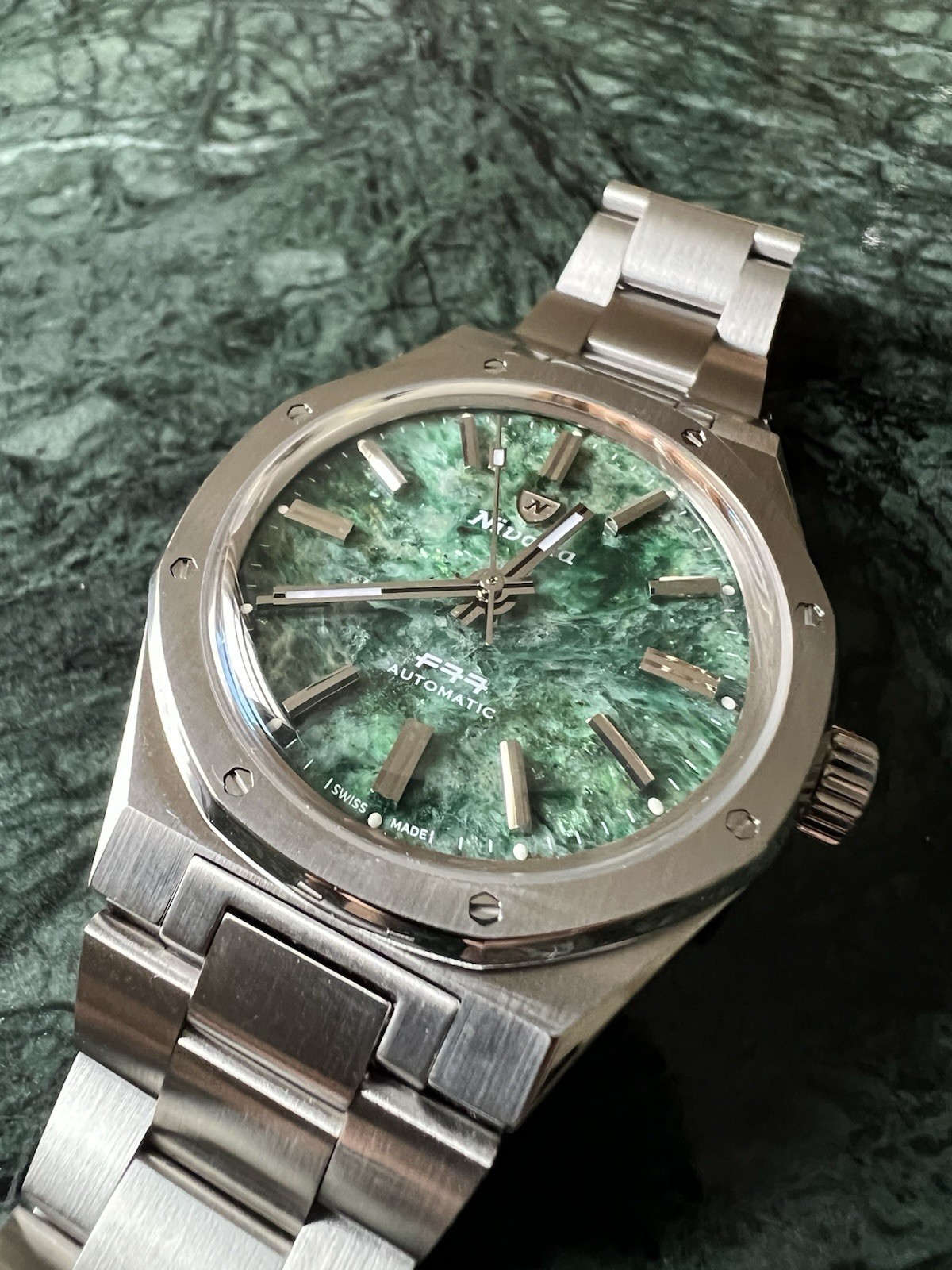 Nivada Grenchen F77 Automatic Stainless Steel Green Aventurine Dial Watch