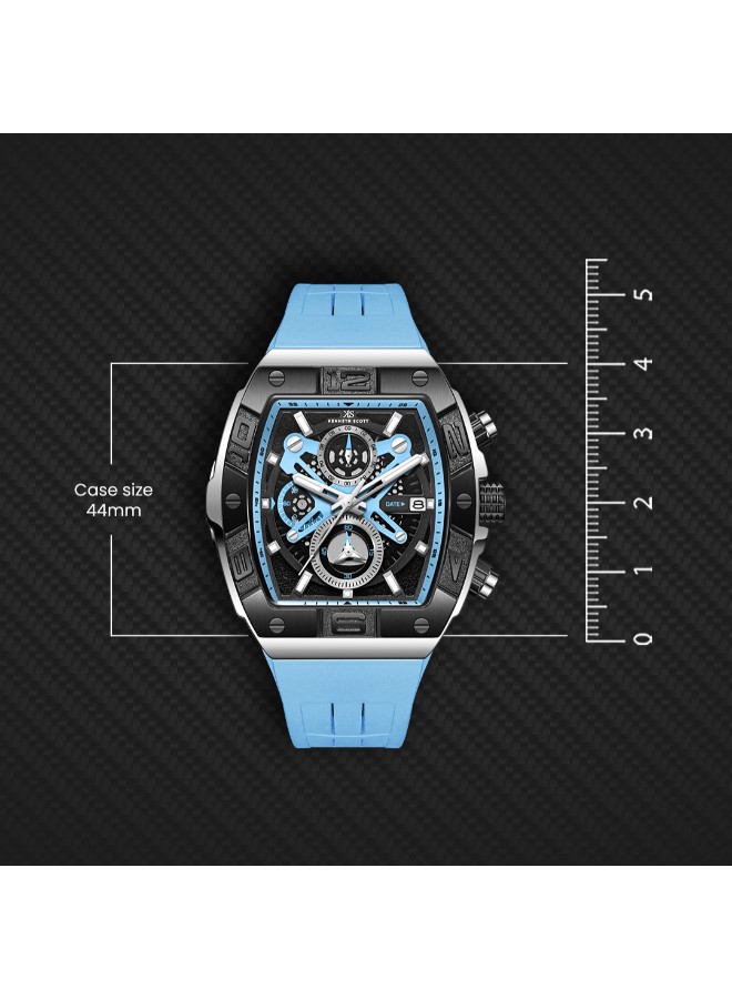 Kenneth Scott Men’s Chronograph Watch | Black Dial, Black Case, Blue Band, 44mm