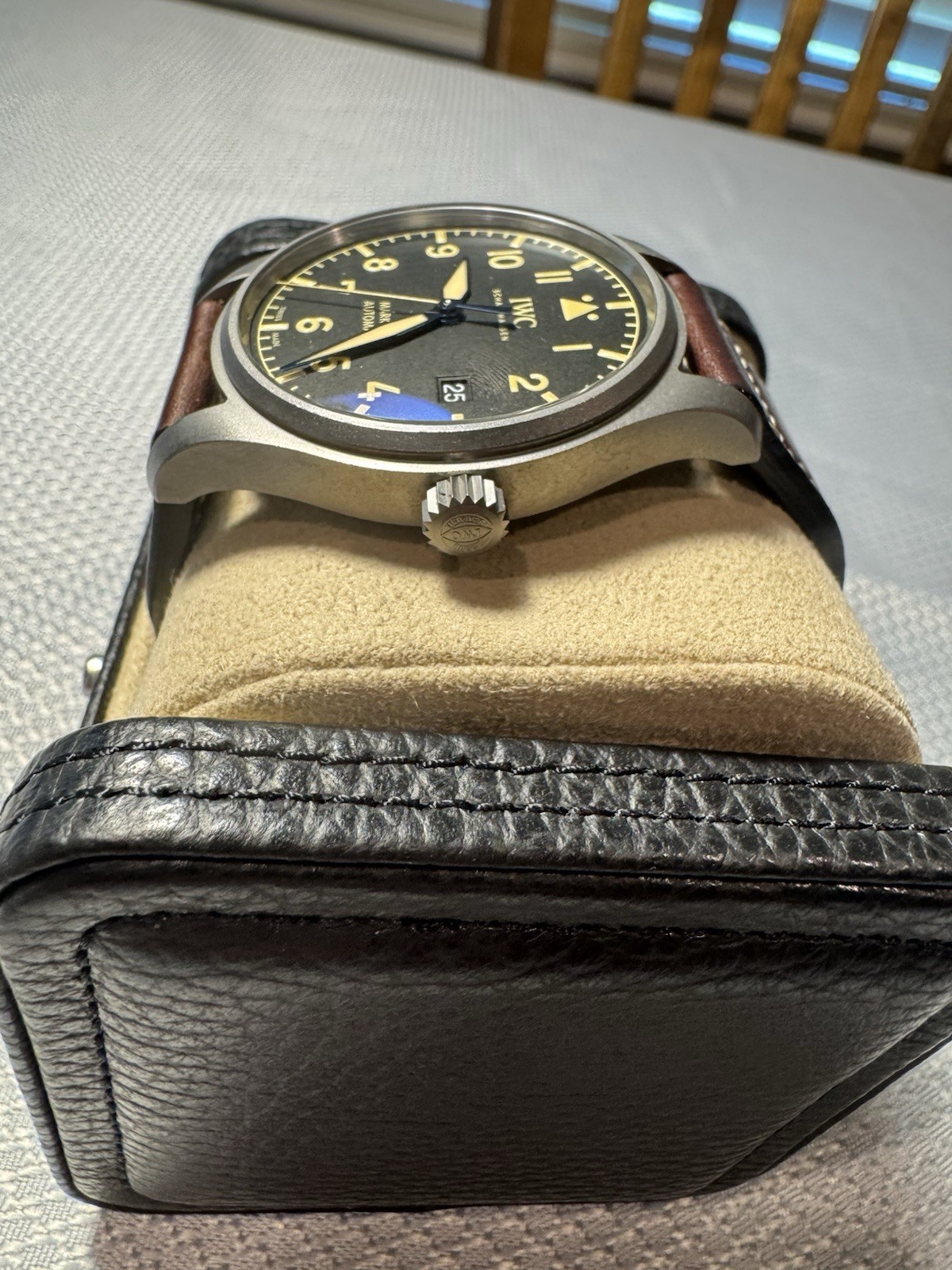 IWC Pilot’s Watch Mark XVIII Titanium Black Dial Date Brown Leather Strap
