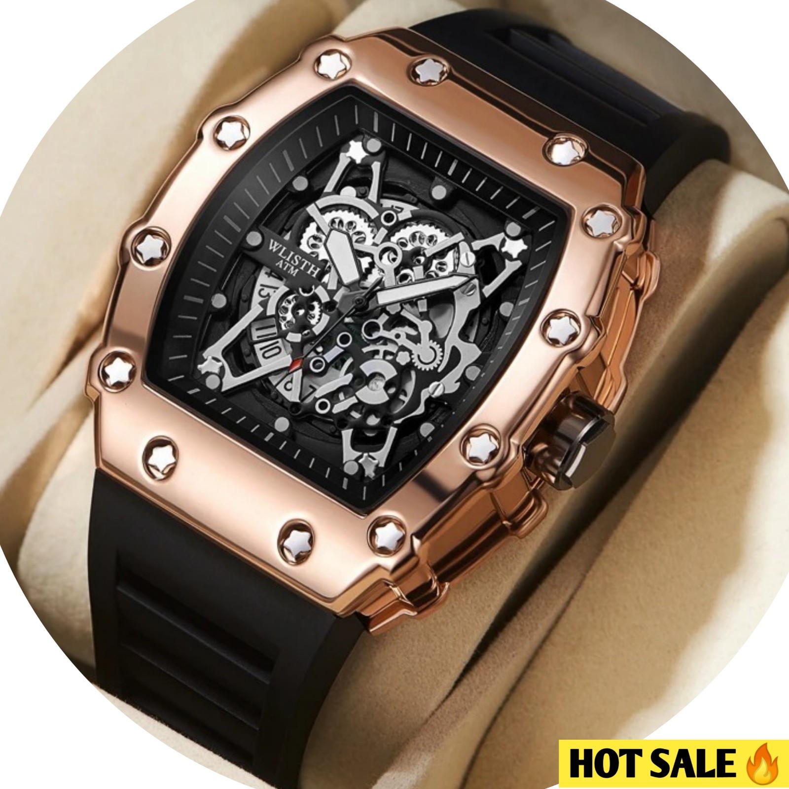 Men’s Luxury Square Skeleton Watch Tonneau Hip Hop Iced Out Quartz Sport Watch
