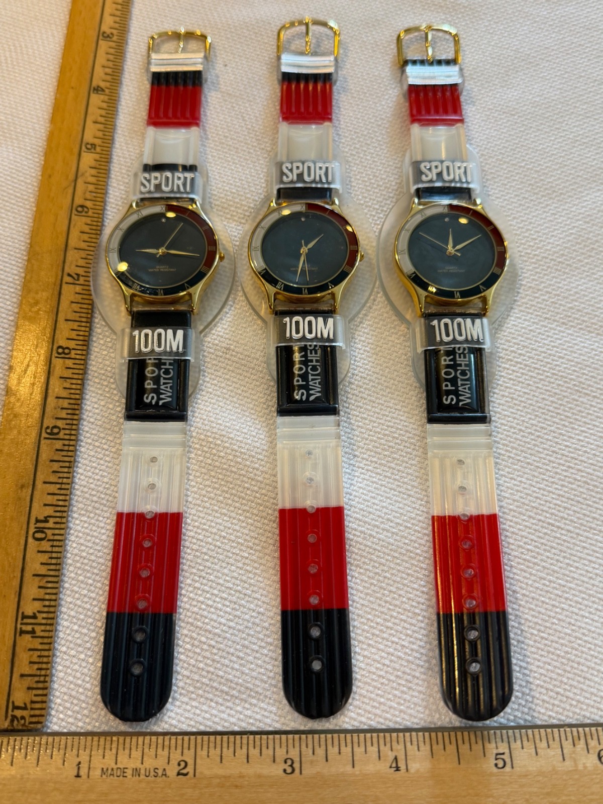 3 Vtg Quartz Style Sport Watch WR Red White Blue Watchband Roman Numeral NOS Lot