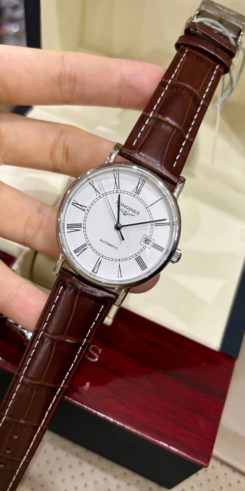 Longines Presence Automatic 39mm White Dial Brown Leather Men’s Watch Real Photo