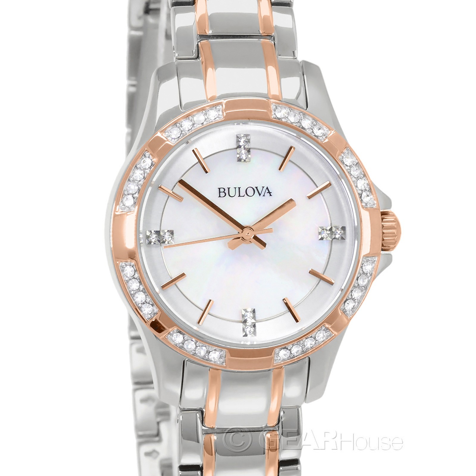BULOVA Womens Pave Crystals Dress Watch, MOP Dial Two Tone Silver Rose Gold Band