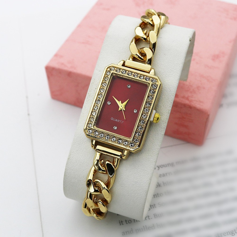 Unique Women’s Bracelet Watch with Rectangular Diamonds and Alloy Band