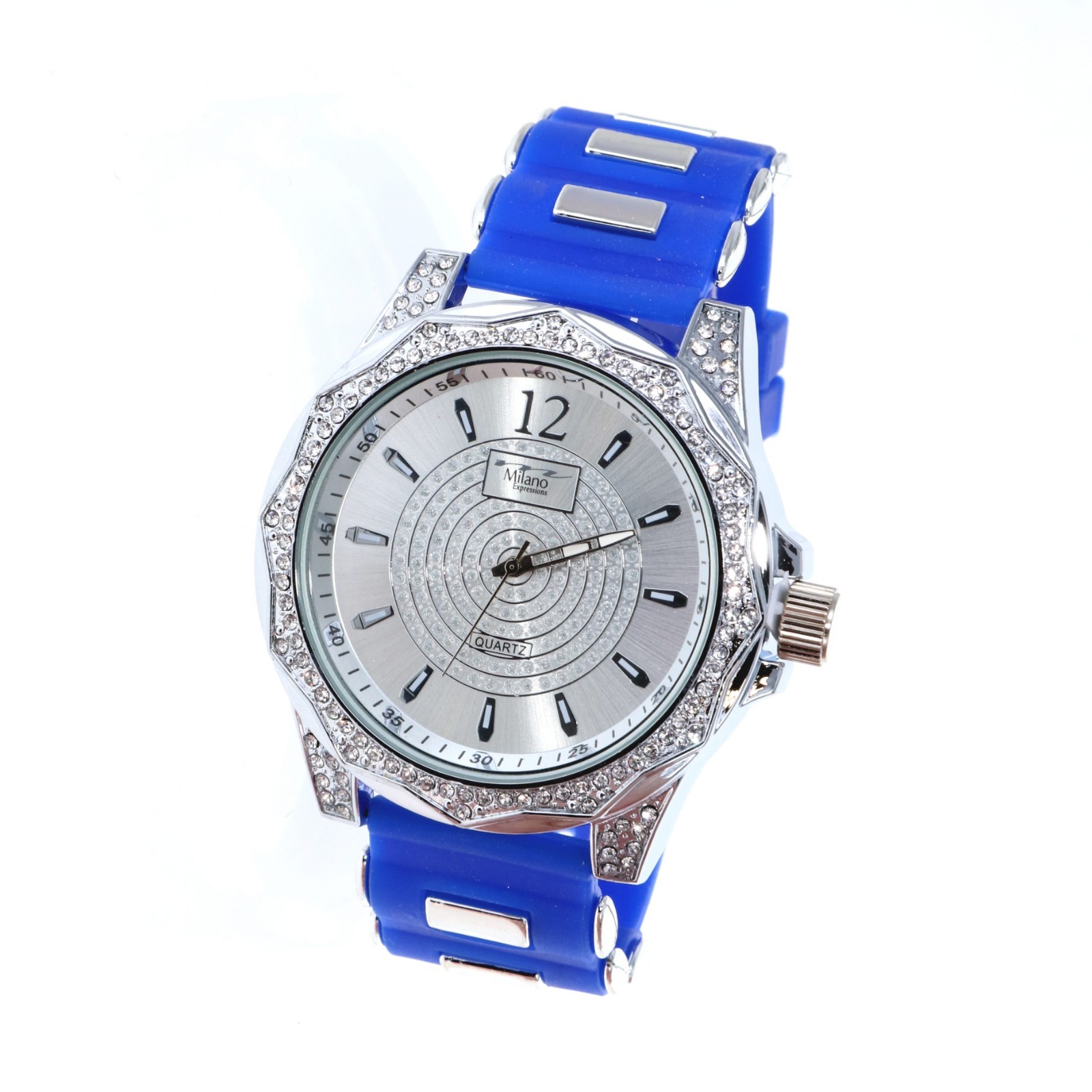 Men Gold Silver Fully Iced Bling Bezel Blue Silicon Bullet Band Hip Hop Watch