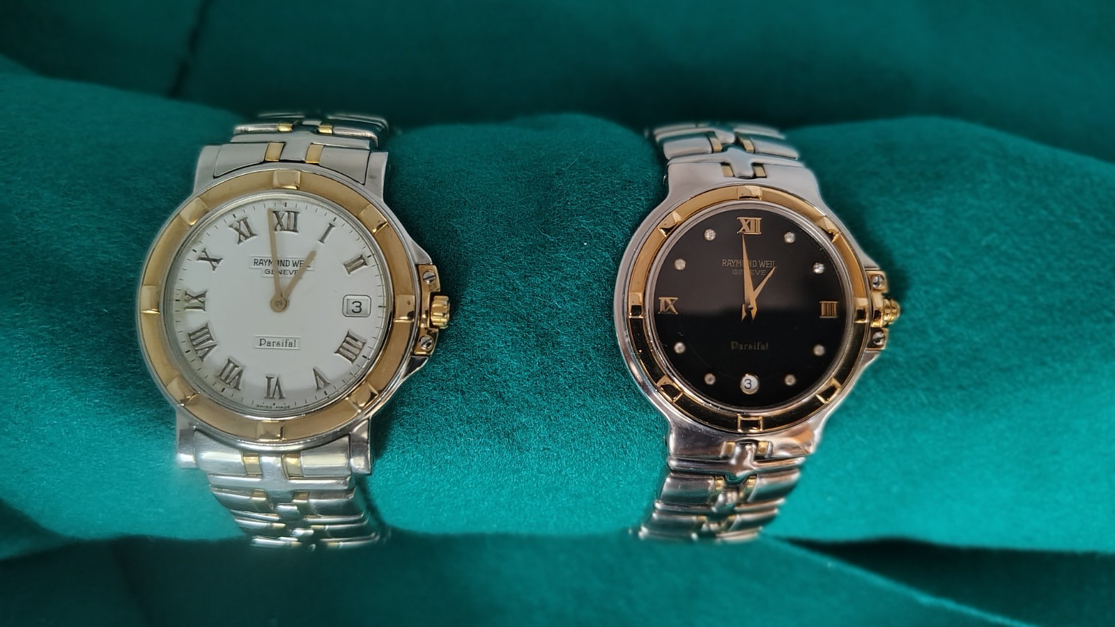 Raymond Weil Parsifal Two-Tone SS Bracelet Quartz White plus Onyx Dial Lot of 2