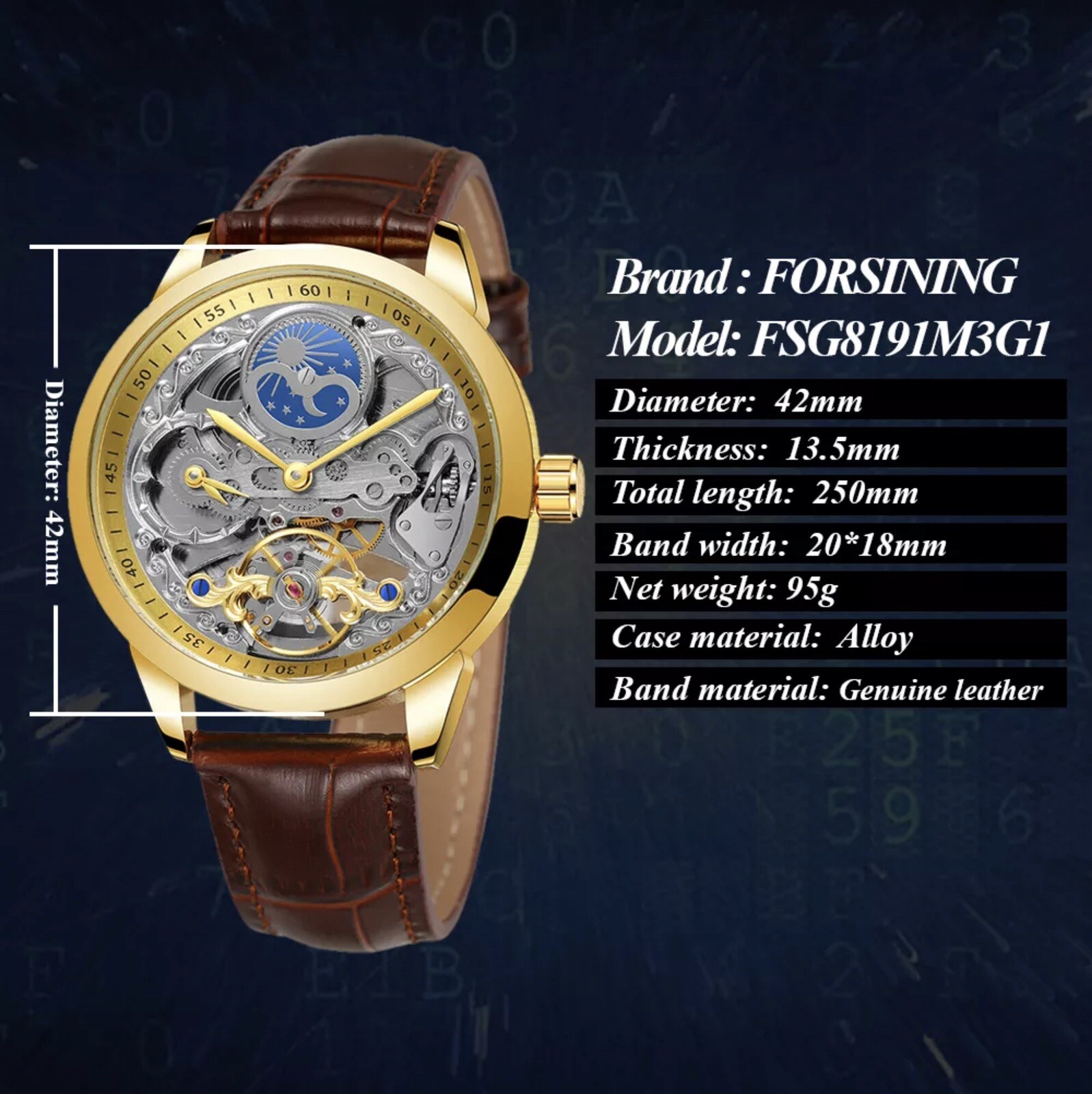 Forsining Men’s Automatic Water Proof Moon Dial Luxury Business Watch