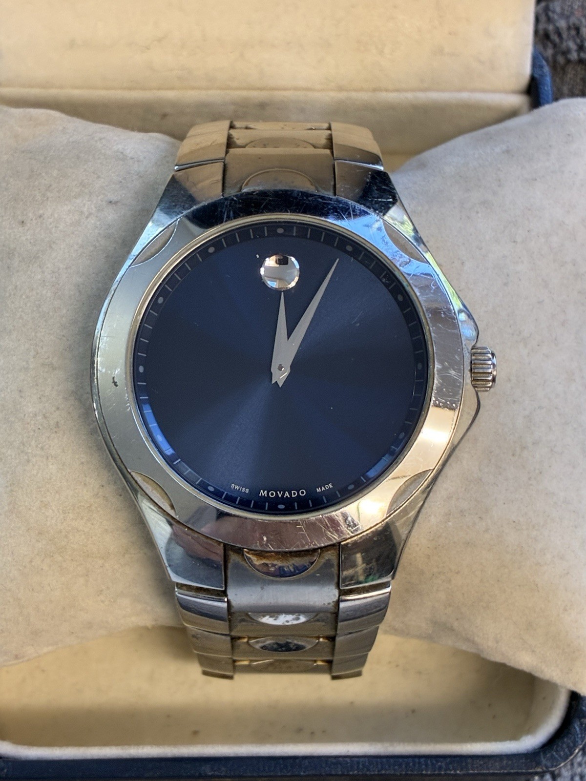 Movado 84 G1 1853 Luno Blue Museum Dial Stainless Steel Men’s Watch Runs Great