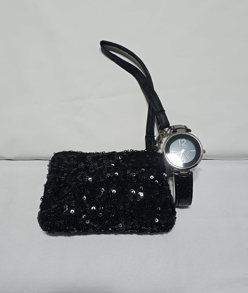 Ensemble Womens Watch & Small Purse Set Quartz Watch Black Leather Sequin Purse