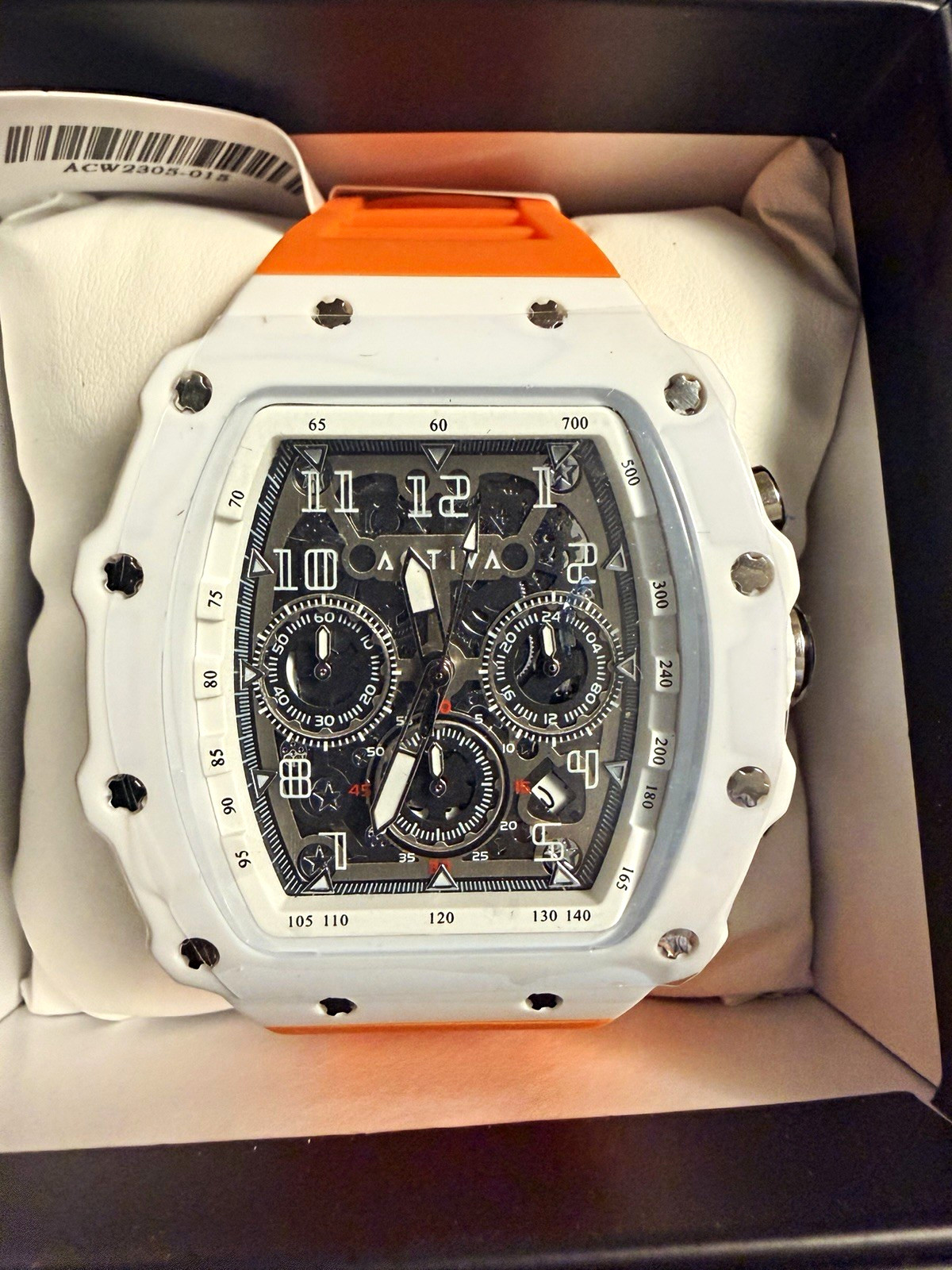 Activa Quartz Tonneau Chronograph Date Black Dial Orange Rubber Strap w/ Box