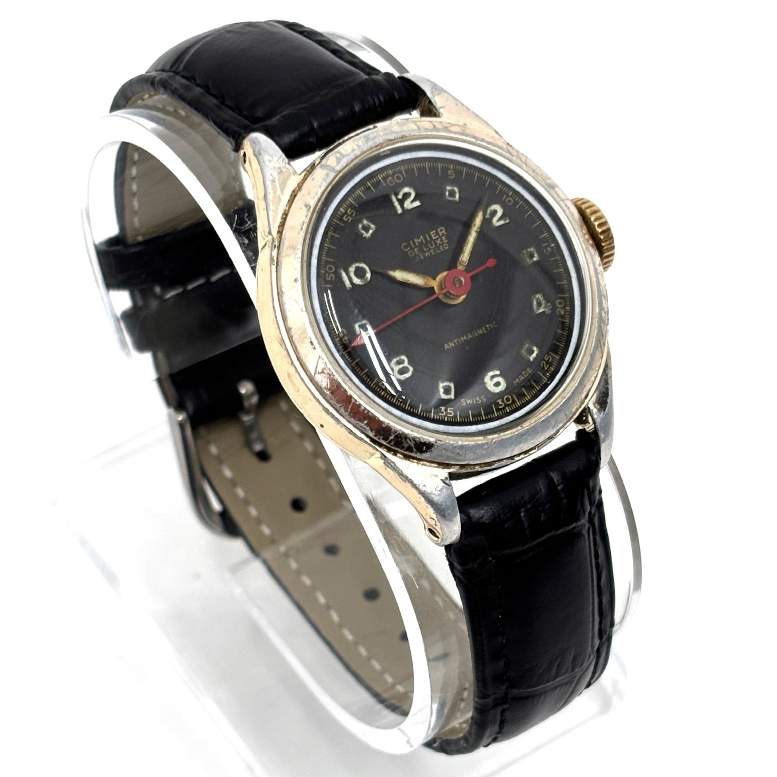 Vintage 1950s Cimier De Luxe 33mm Swiss Made Black Military Dial Red Hand Runs